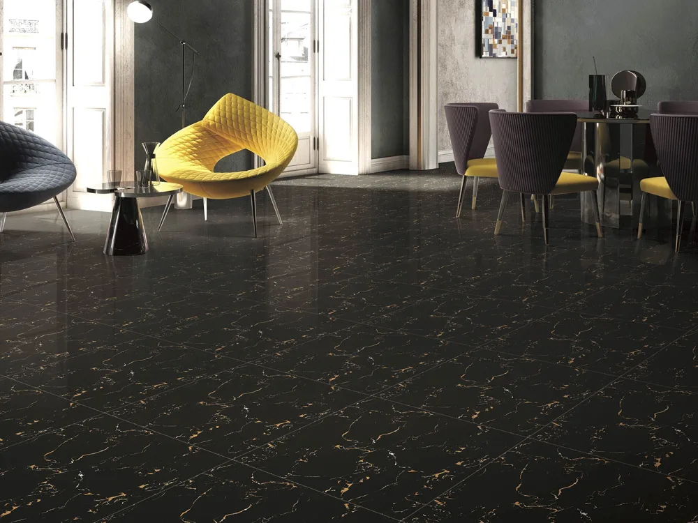 60x60 Micasso YMP66564Y Polished Black Porcelain Tile with Gold Veins